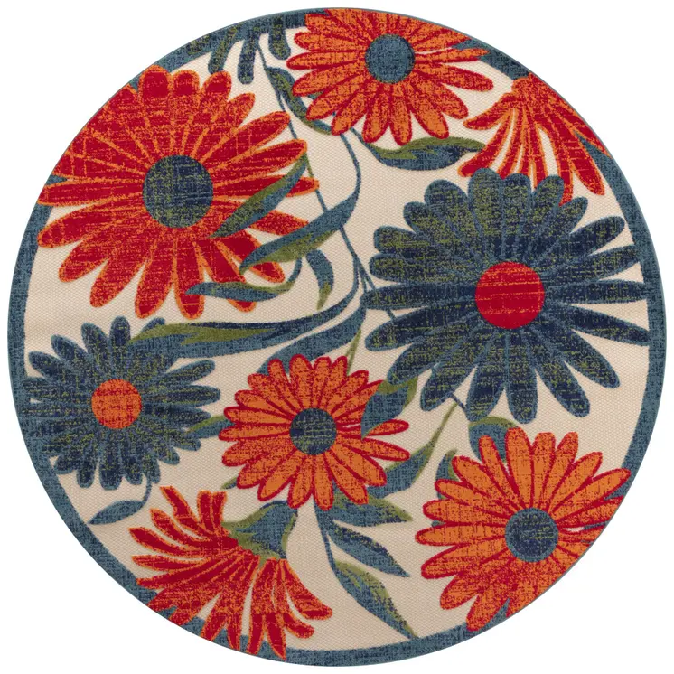 8' Ivory Orange And Blue Round Floral Indoor Outdoor Area Rug