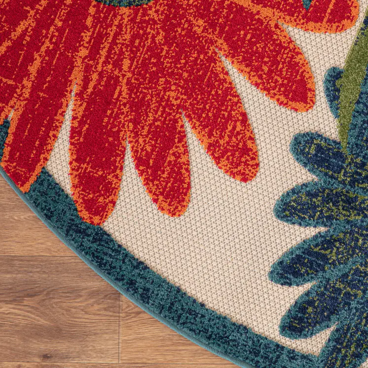 8' Ivory Orange And Blue Round Floral Indoor Outdoor Area Rug