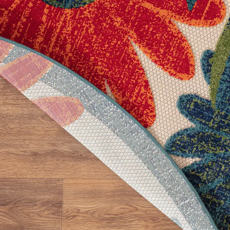 8' Ivory Orange And Blue Round Floral Indoor Outdoor Area Rug