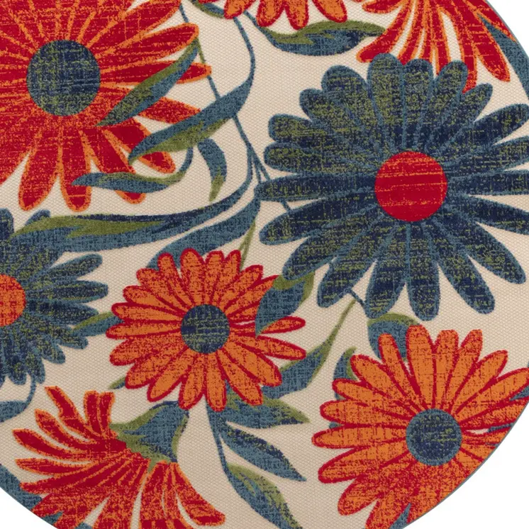 8' Ivory Orange And Blue Round Floral Indoor Outdoor Area Rug