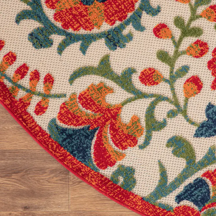 8' Red Gold Teal Blue And Green Round Floral Indoor Outdoor Area Rug