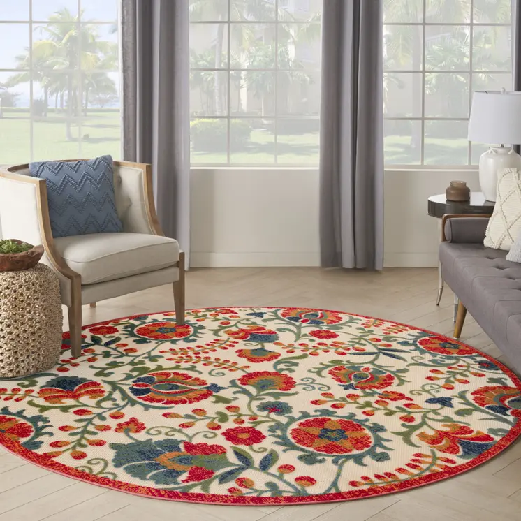 8' Red Gold Teal Blue And Green Round Floral Indoor Outdoor Area Rug
