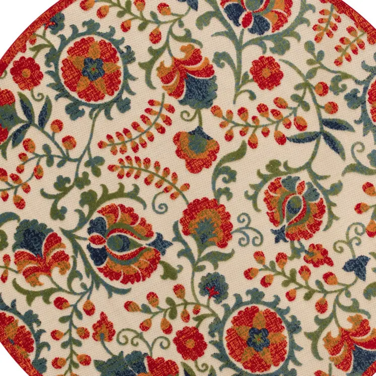 8' Red Gold Teal Blue And Green Round Floral Indoor Outdoor Area Rug
