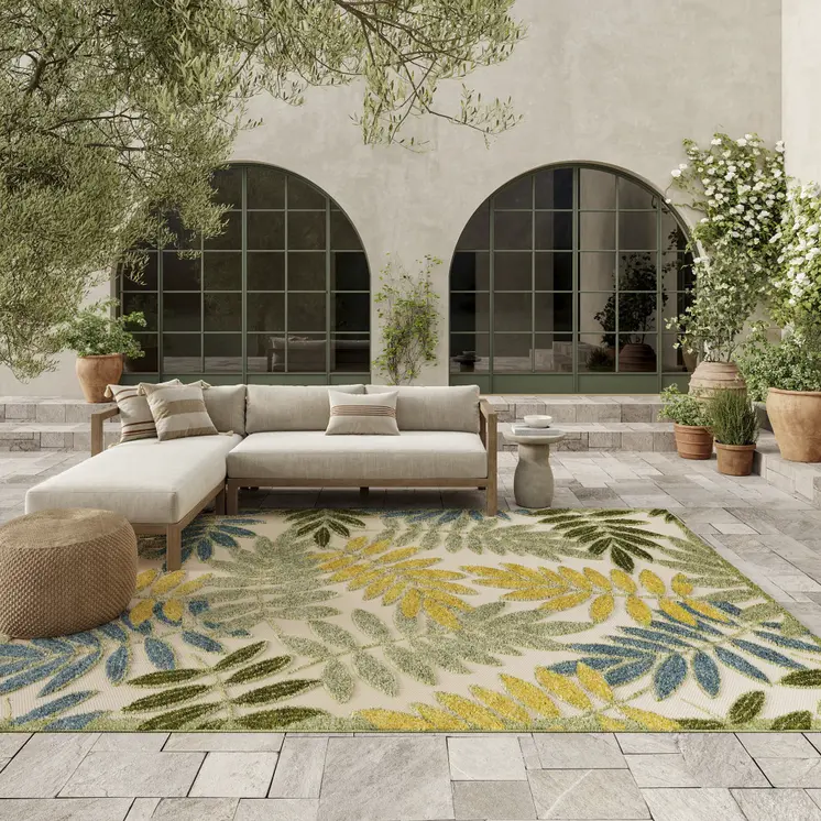 6' X 9' Green Yellow And Blue Palm Leaf Indoor Outdoor Area Rug