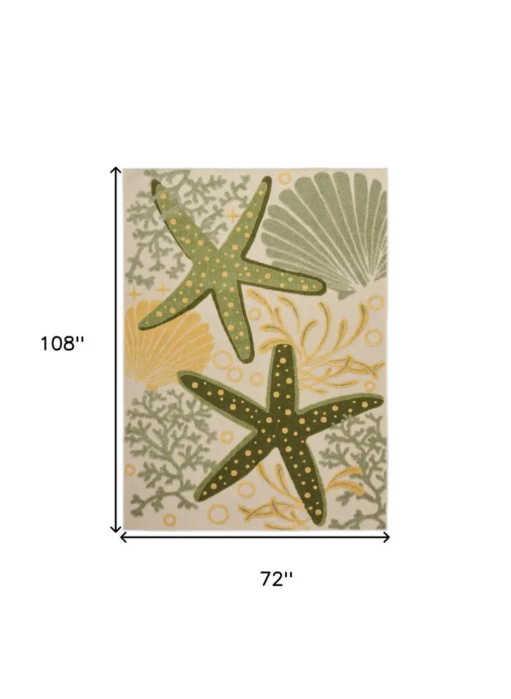 6' X 9' Green And Yellow Starfish Indoor Outdoor Area Rug