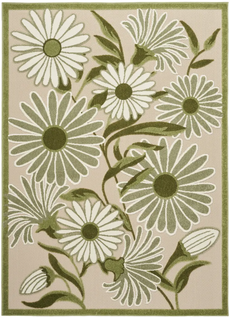 6' X 9' Ivory And Green Floral Indoor Outdoor Area Rug