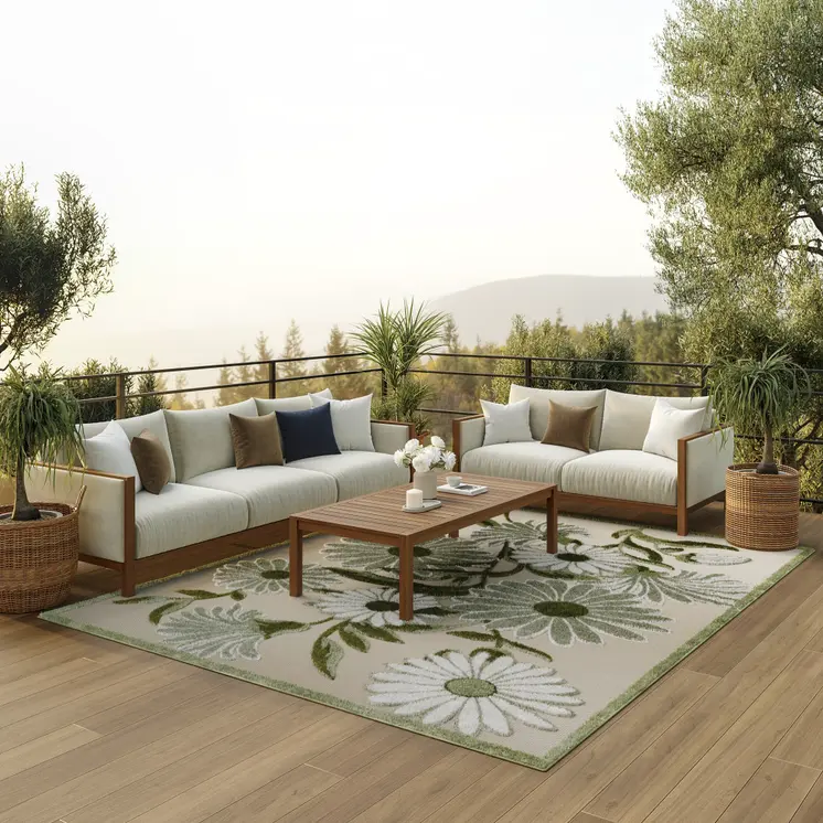 6' X 9' Ivory And Green Floral Indoor Outdoor Area Rug