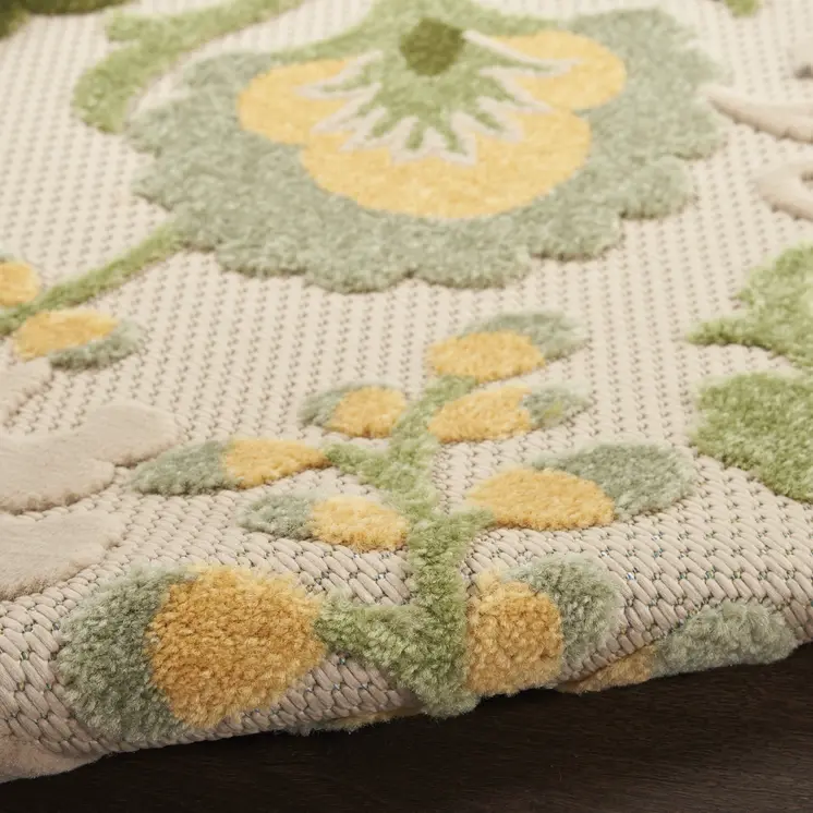 6' X 9' Ivory Green And Yellow Floral Indoor Outdoor Area Rug