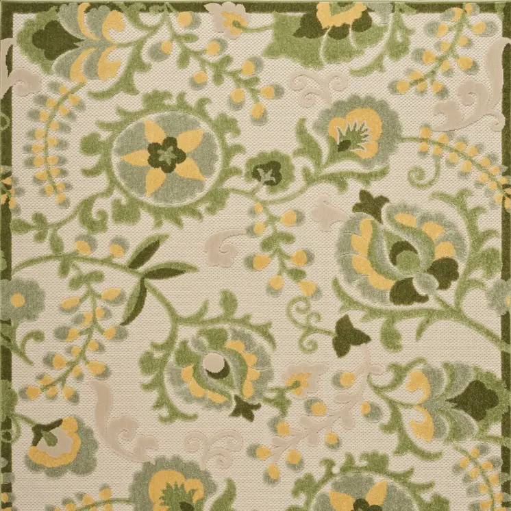 6' X 9' Ivory Green And Yellow Floral Indoor Outdoor Area Rug