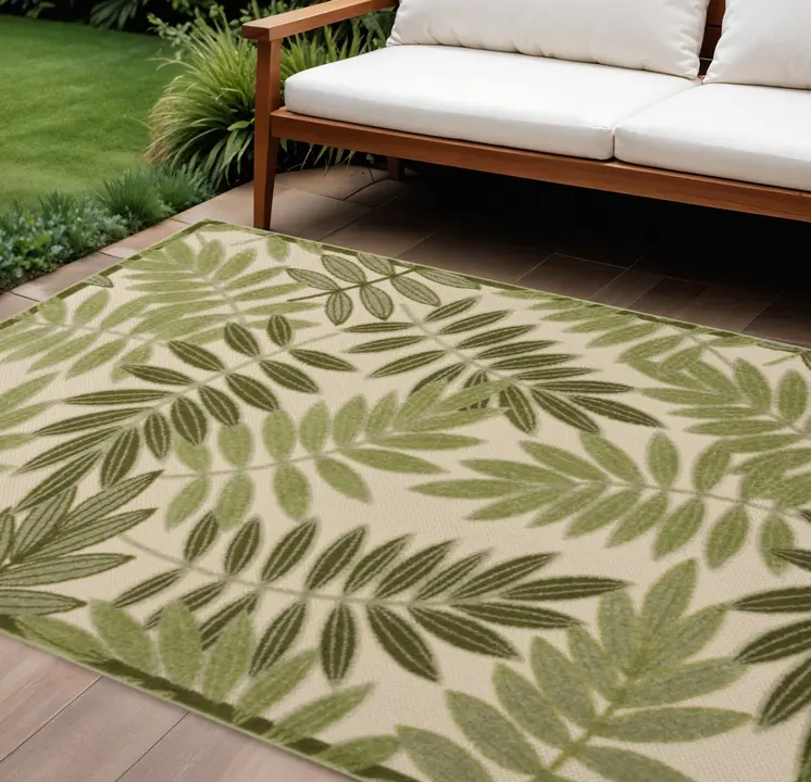 6' X 9' Ivory And Green Palm Leaf Indoor Outdoor Area Rug
