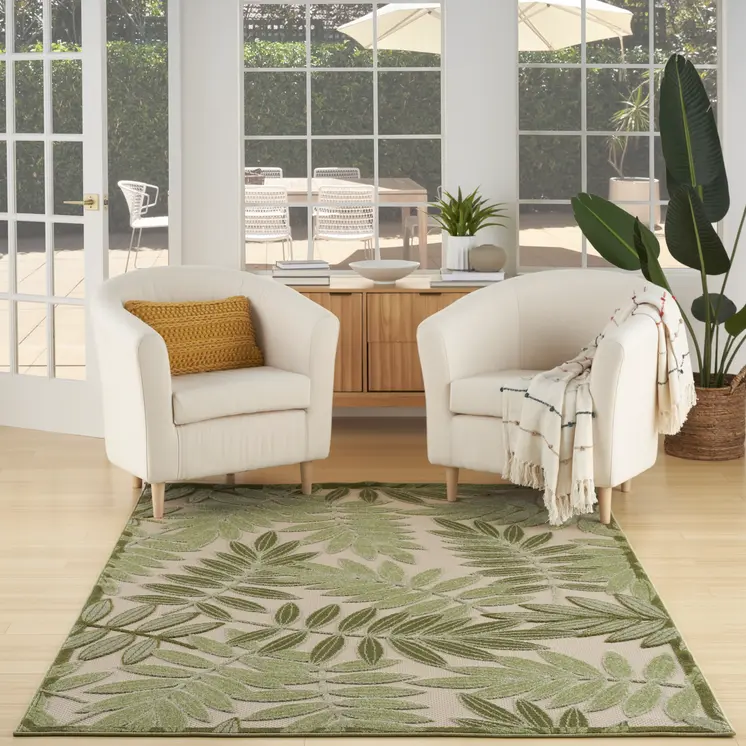 6' X 9' Ivory And Green Palm Leaf Indoor Outdoor Area Rug