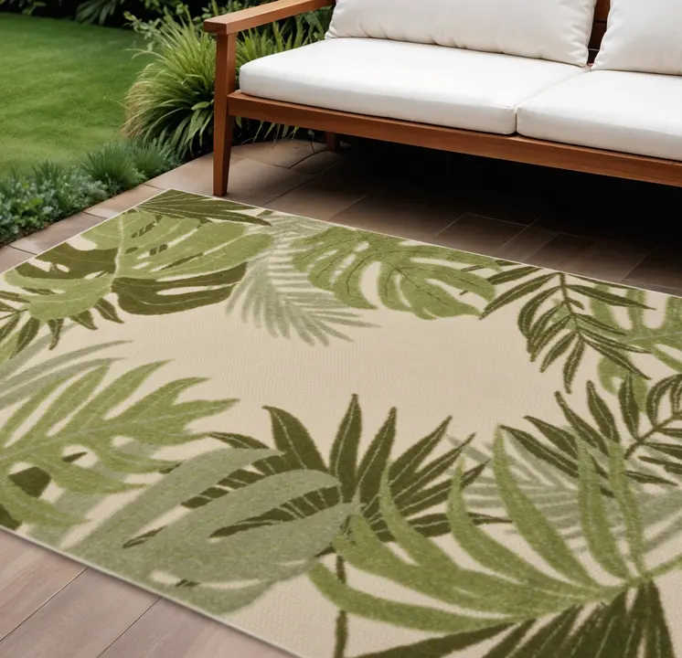 6' X 9' Ivory And Green Palm Leaf Indoor Outdoor Area Rug