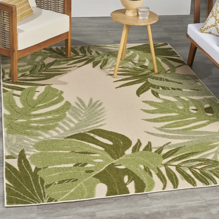 6' X 9' Ivory And Green Palm Leaf Indoor Outdoor Area Rug