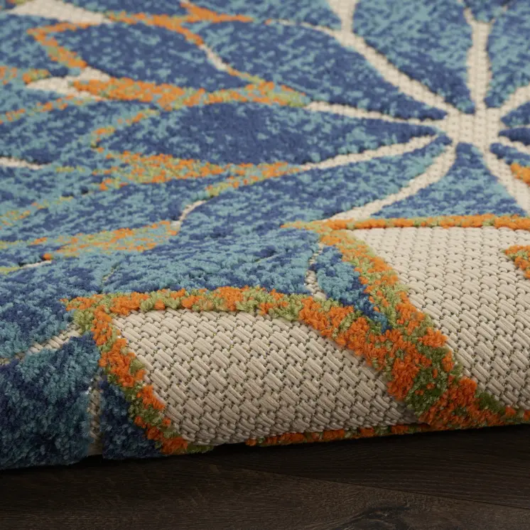 8' X 11' Blue Green And Orange Floral Indoor Outdoor Area Rug