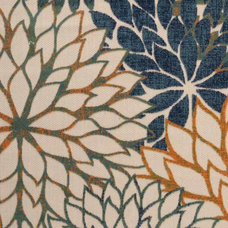 8' X 11' Blue Green And Orange Floral Indoor Outdoor Area Rug