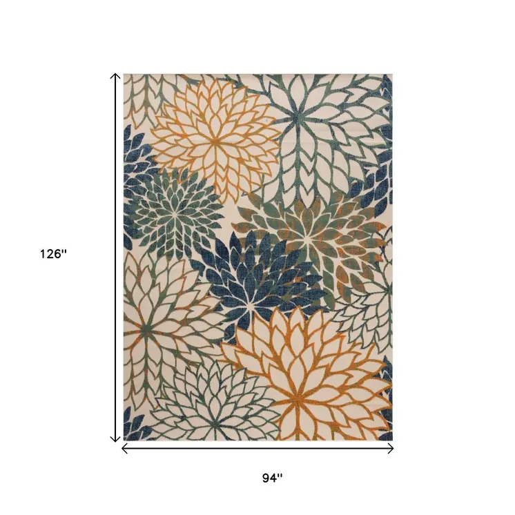 8' X 11' Blue Green And Orange Floral Indoor Outdoor Area Rug
