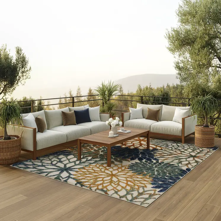 8' X 11' Blue Green And Orange Floral Indoor Outdoor Area Rug