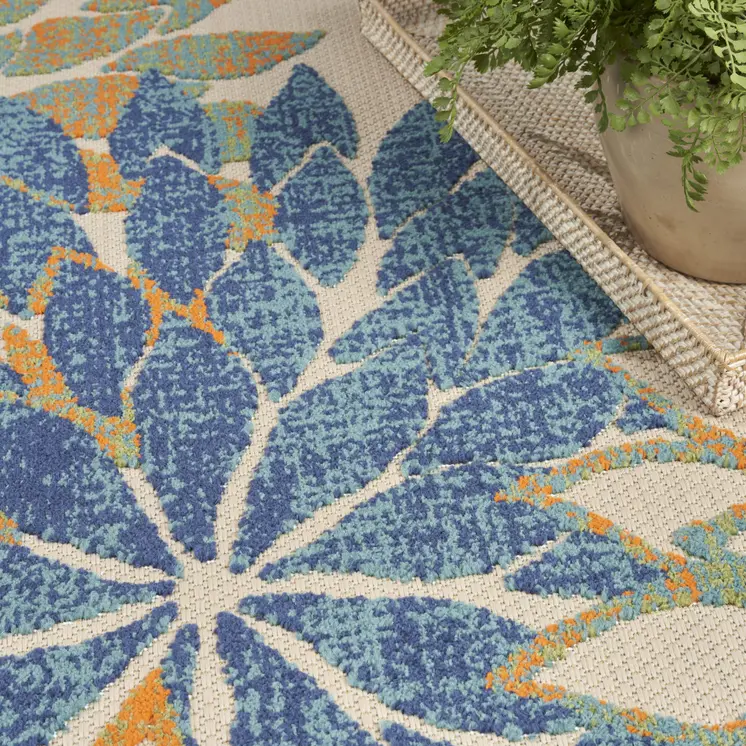 8' X 11' Blue Green And Orange Floral Indoor Outdoor Area Rug