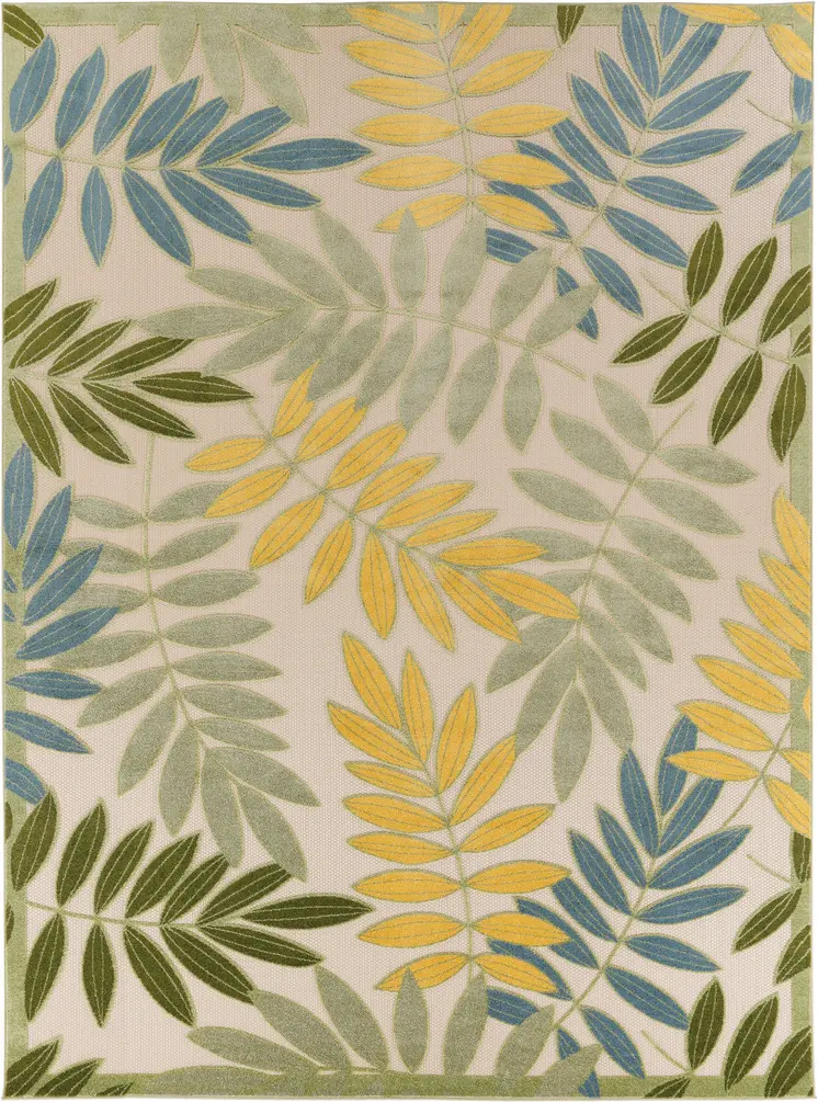 8' X 11' Blue Green And Yellow Palm Leaf Indoor Outdoor Area Rug