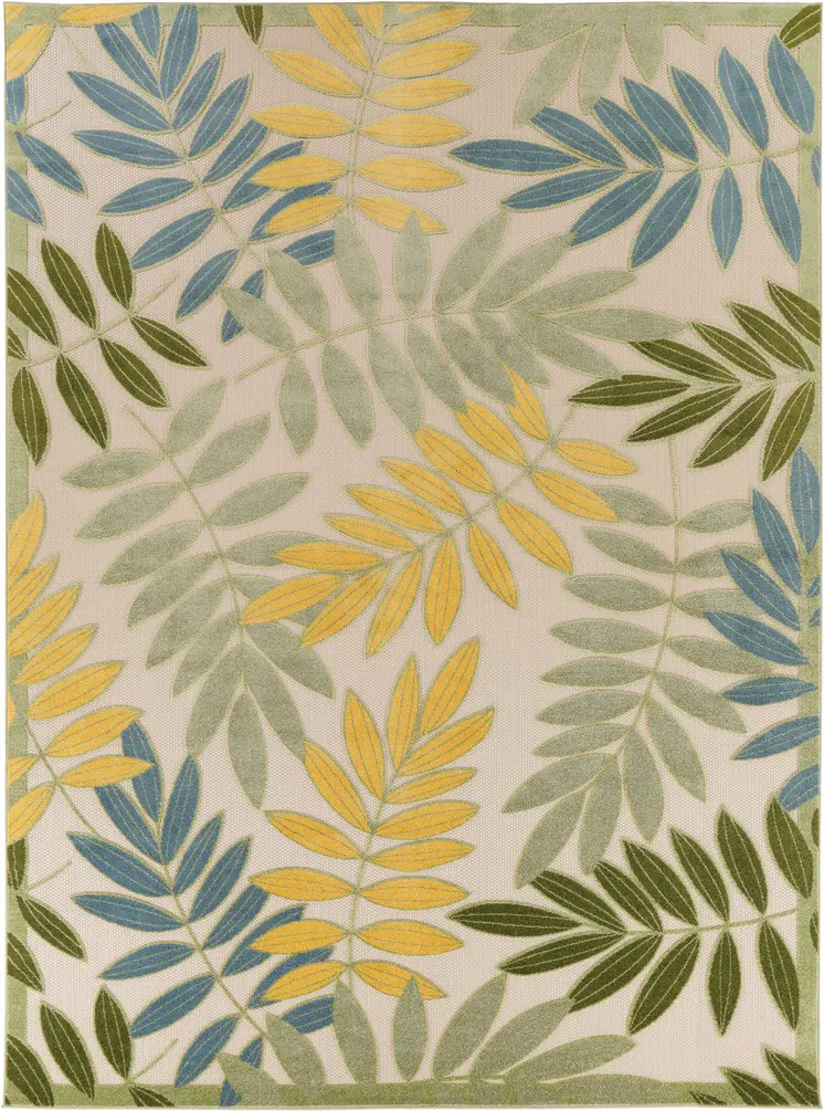 8' X 11' Blue Green And Yellow Palm Leaf Indoor Outdoor Area Rug