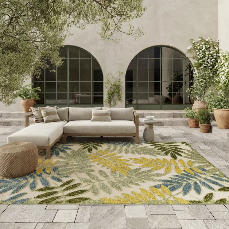 8' X 11' Blue Green And Yellow Palm Leaf Indoor Outdoor Area Rug