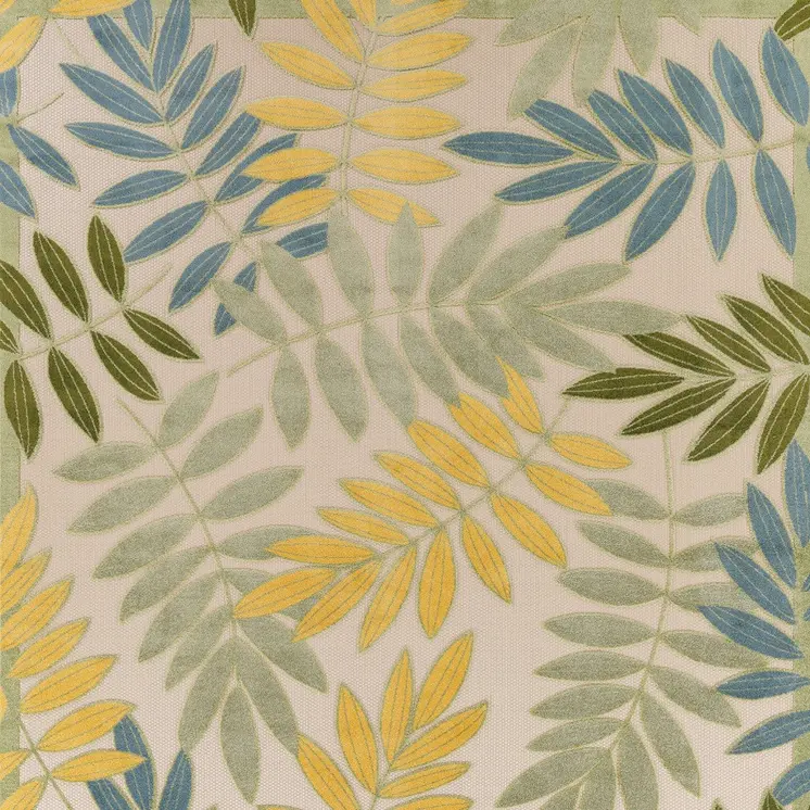 8' X 11' Blue Green And Yellow Palm Leaf Indoor Outdoor Area Rug
