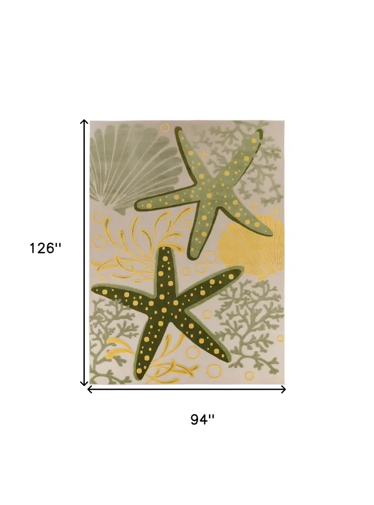 8' X 11' Ivory Green And Yellow Starfish Indoor Outdoor Area Rug