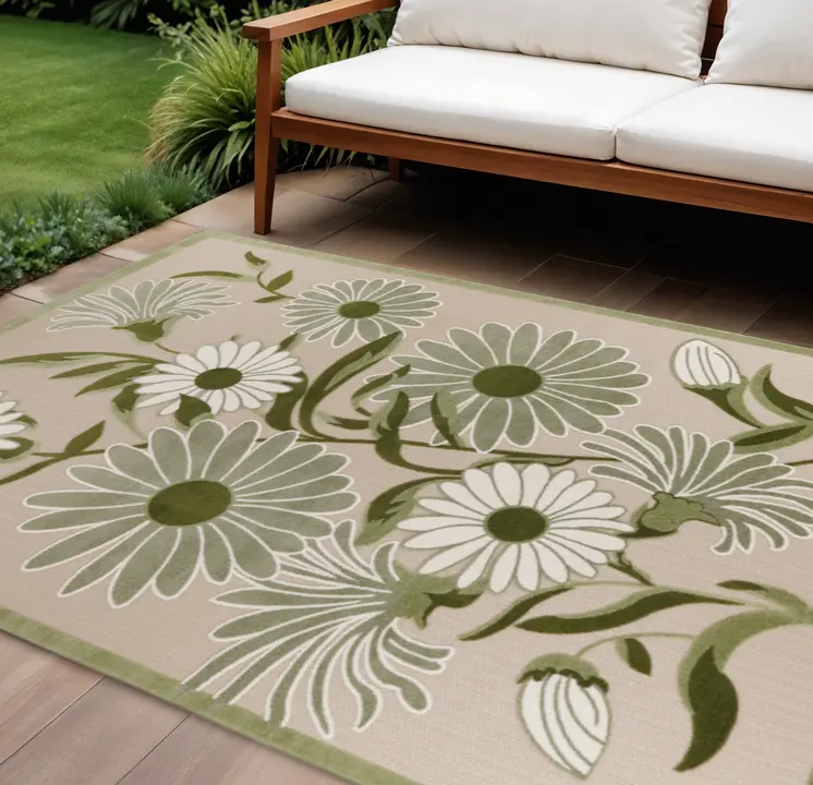 8' X 11' Ivory And Green Floral Indoor Outdoor Area Rug