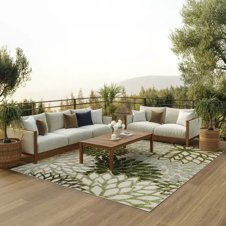 8' X 11' Ivory And Green Floral Indoor Outdoor Area Rug