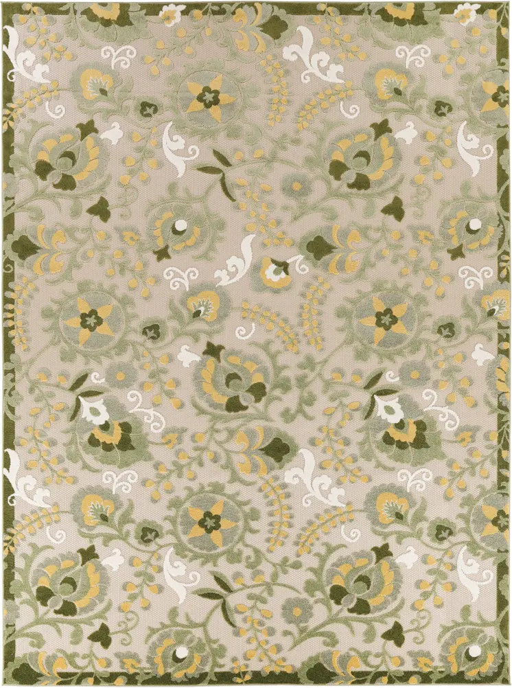 8' X 11' Ivory Green And Yellow Floral Indoor Outdoor Area Rug