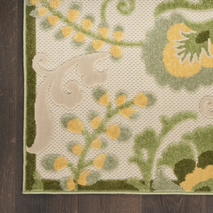 8' X 11' Ivory Green And Yellow Floral Indoor Outdoor Area Rug