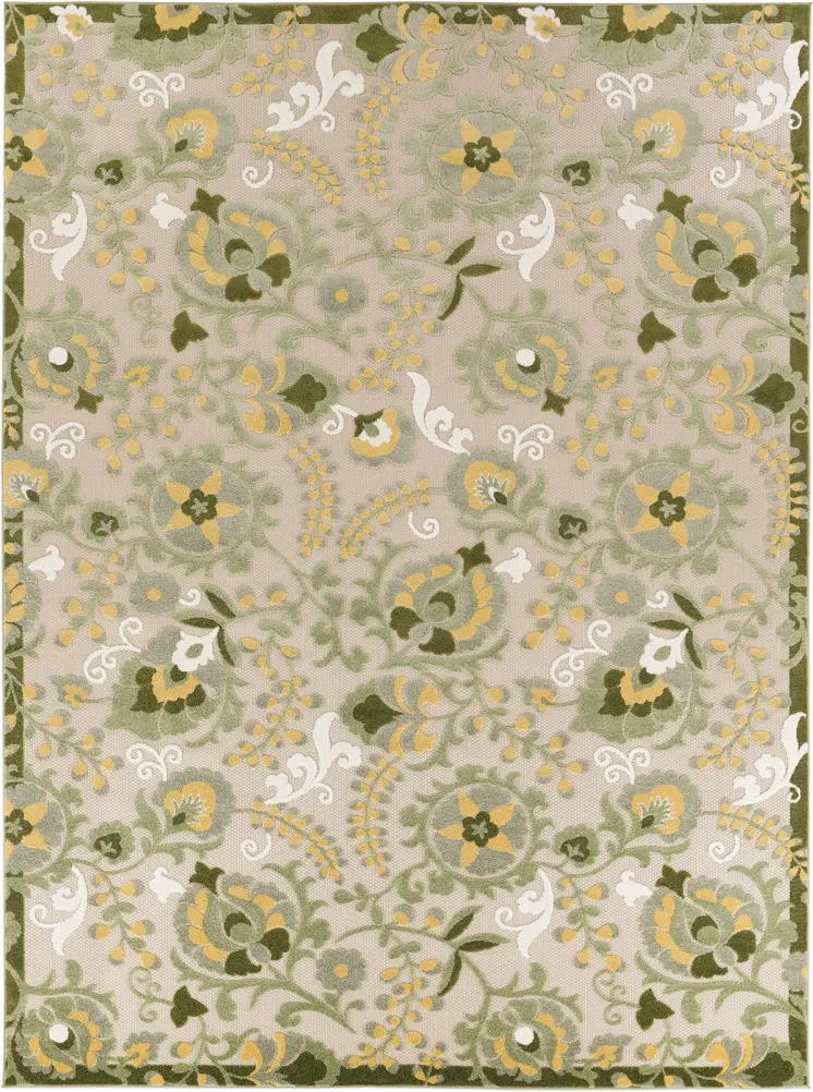 8' X 11' Ivory Green And Yellow Floral Indoor Outdoor Area Rug