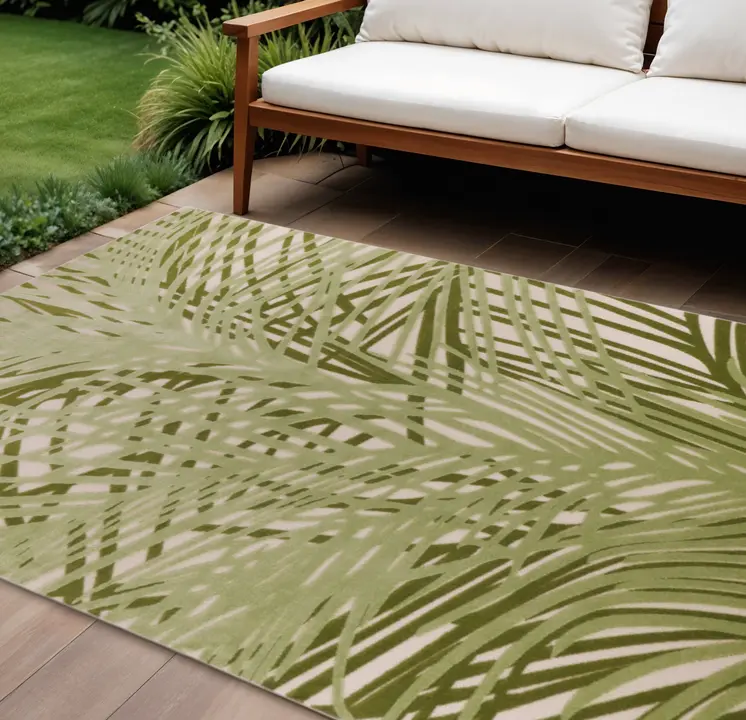 8' X 11' Ivory And Green Palm Leaf Indoor Outdoor Area Rug