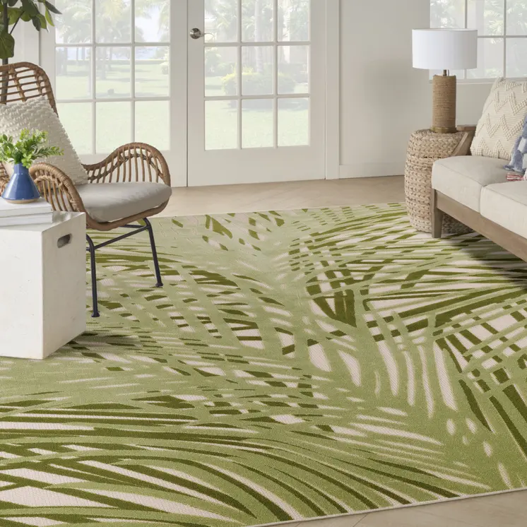 8' X 11' Ivory And Green Palm Leaf Indoor Outdoor Area Rug