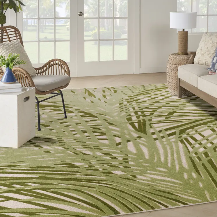 8' X 11' Ivory And Green Palm Leaf Indoor Outdoor Area Rug