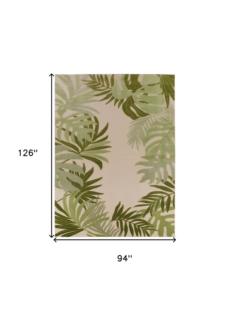 8' X 11' Ivory And Green Palm Leaf Indoor Outdoor Area Rug