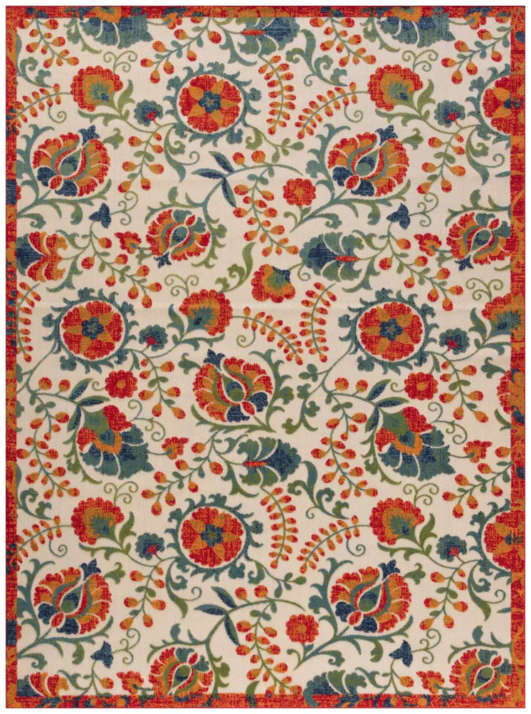8' X 11' Red Gold Teal Blue And Green Floral Indoor Outdoor Area Rug