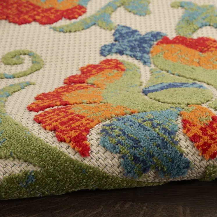 8' X 11' Red Gold Teal Blue And Green Floral Indoor Outdoor Area Rug