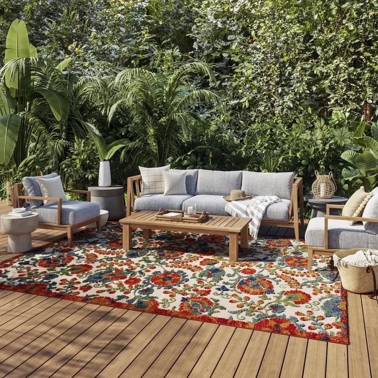8' X 11' Red Gold Teal Blue And Green Floral Indoor Outdoor Area Rug