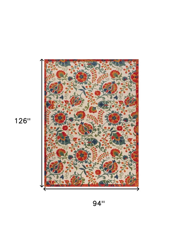 8' X 11' Red Gold Teal Blue And Green Floral Indoor Outdoor Area Rug