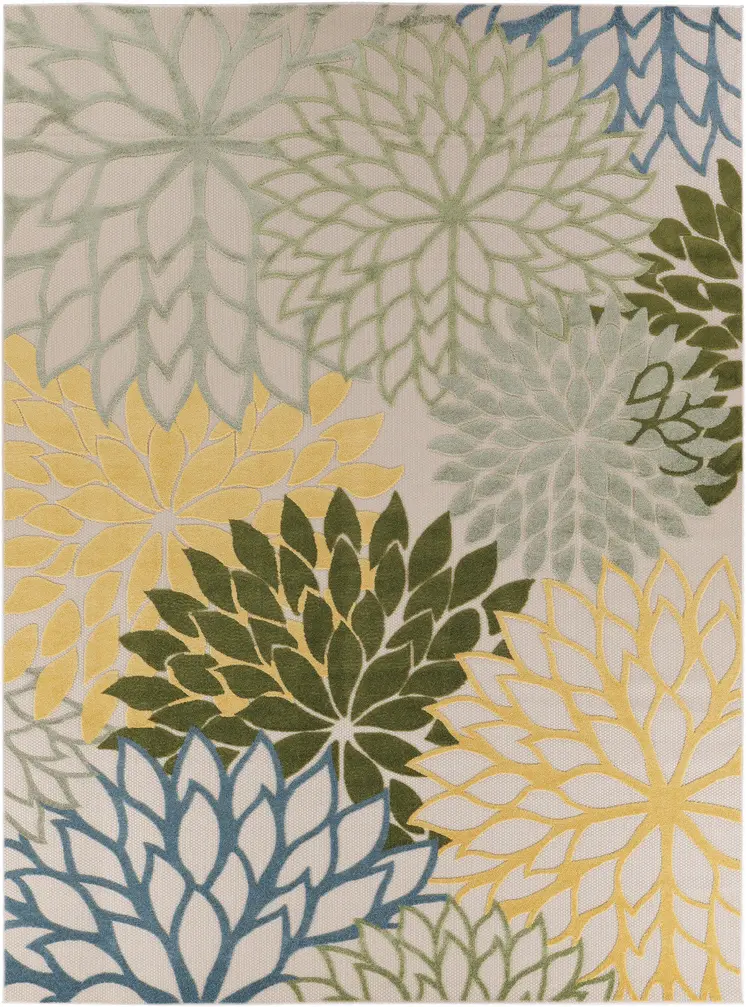 10' X 14' Ivory Green Yellow Blue And Dark Green Floral Indoor Outdoor Area Rug