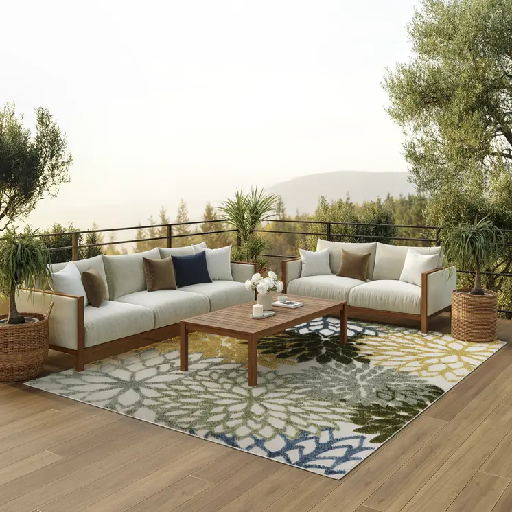 10' X 14' Ivory Green Yellow Blue And Dark Green Floral Indoor Outdoor Area Rug