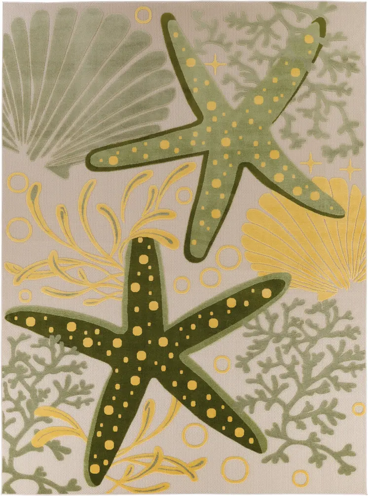 10' X 14' Ivory Green Yellow Blue And Dark Green Starfish Indoor Outdoor Area Rug