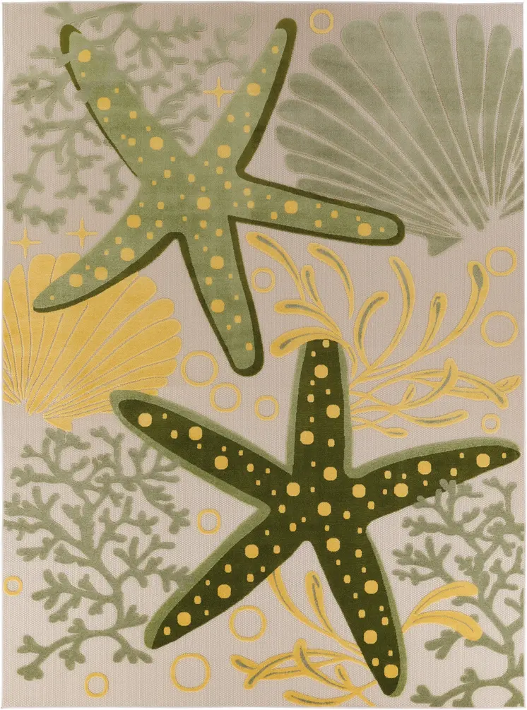 10' X 14' Ivory Green Yellow Blue And Dark Green Starfish Indoor Outdoor Area Rug