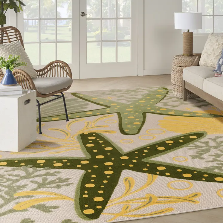 10' X 14' Ivory Green Yellow Blue And Dark Green Starfish Indoor Outdoor Area Rug