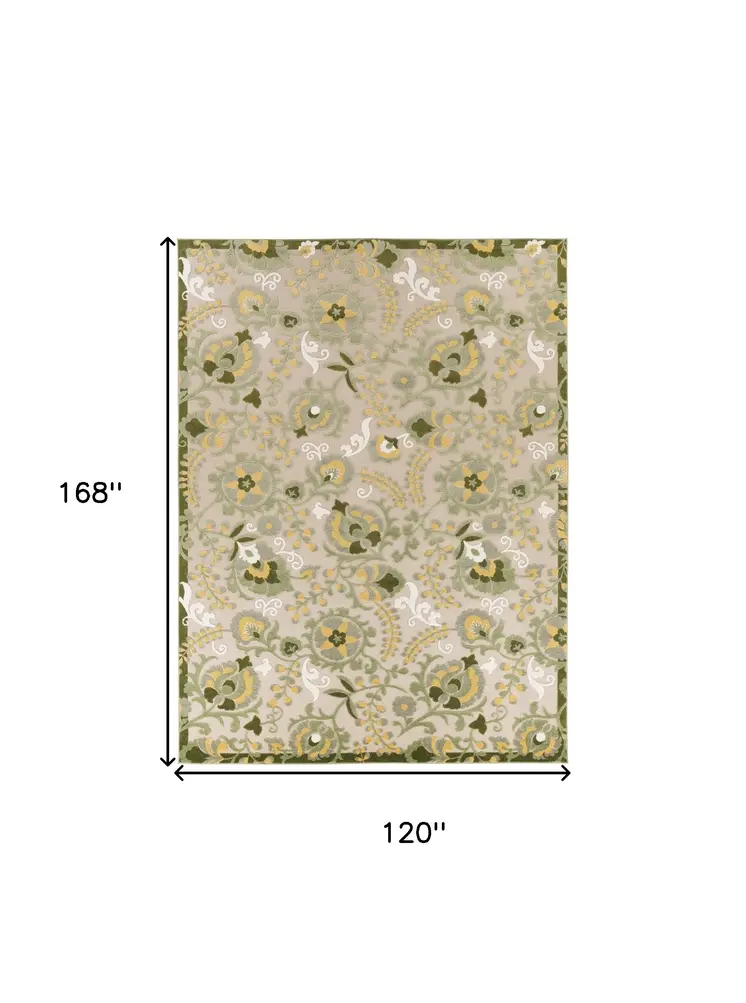 10' X 14' Ivory Green And Yellow Floral Indoor Outdoor Area Rug