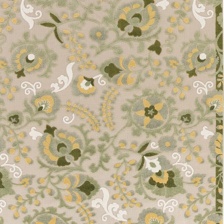 10' X 14' Ivory Green And Yellow Floral Indoor Outdoor Area Rug