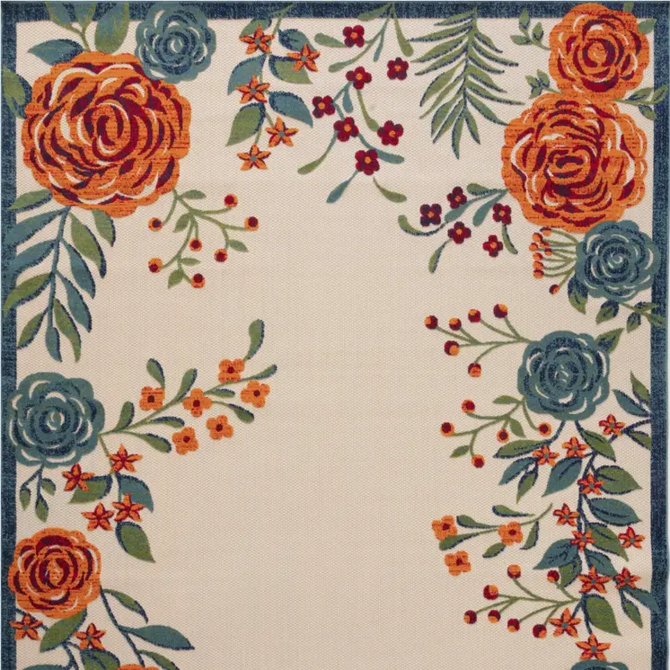 10' X 14' Ivory Orange Blue And Green Floral Indoor Outdoor Area Rug
