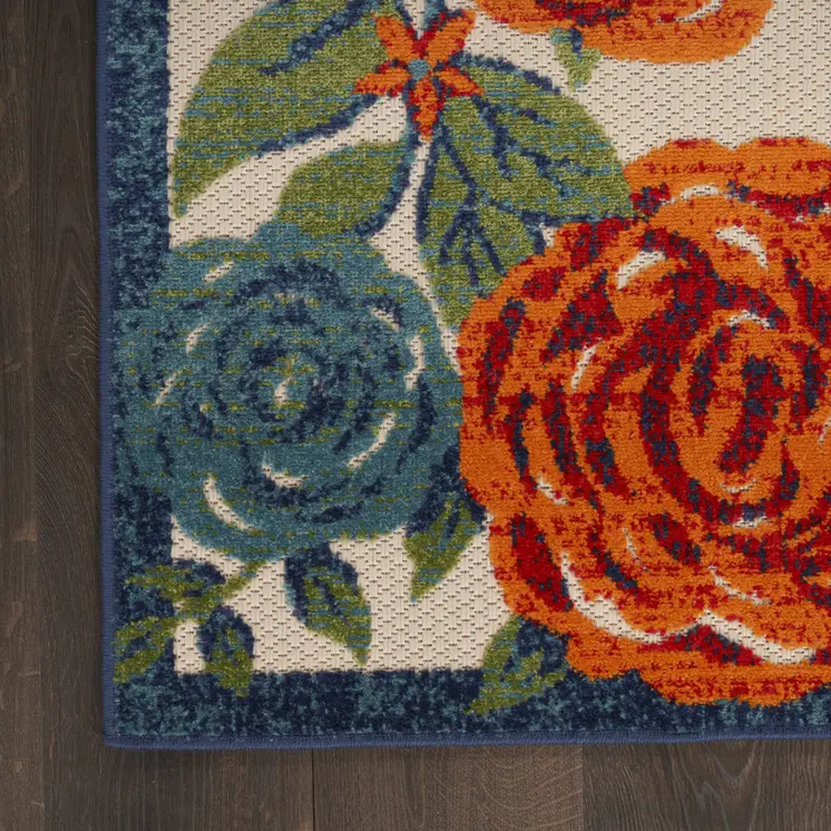 10' X 14' Ivory Orange Blue And Green Floral Indoor Outdoor Area Rug