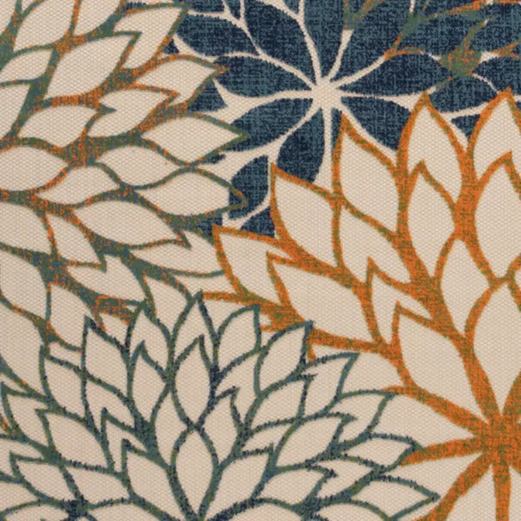 9' X 12' Blue Green Ivory And Orange Floral Indoor Outdoor Area Rug